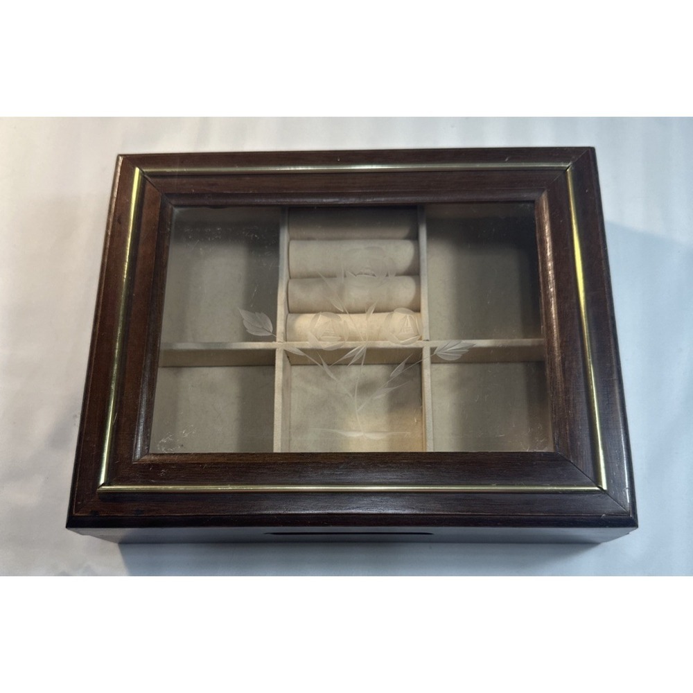 Vtg Wood Jewelry Box Glass Lid Etched Floral Vanity Keepsake Trinket Case Brass